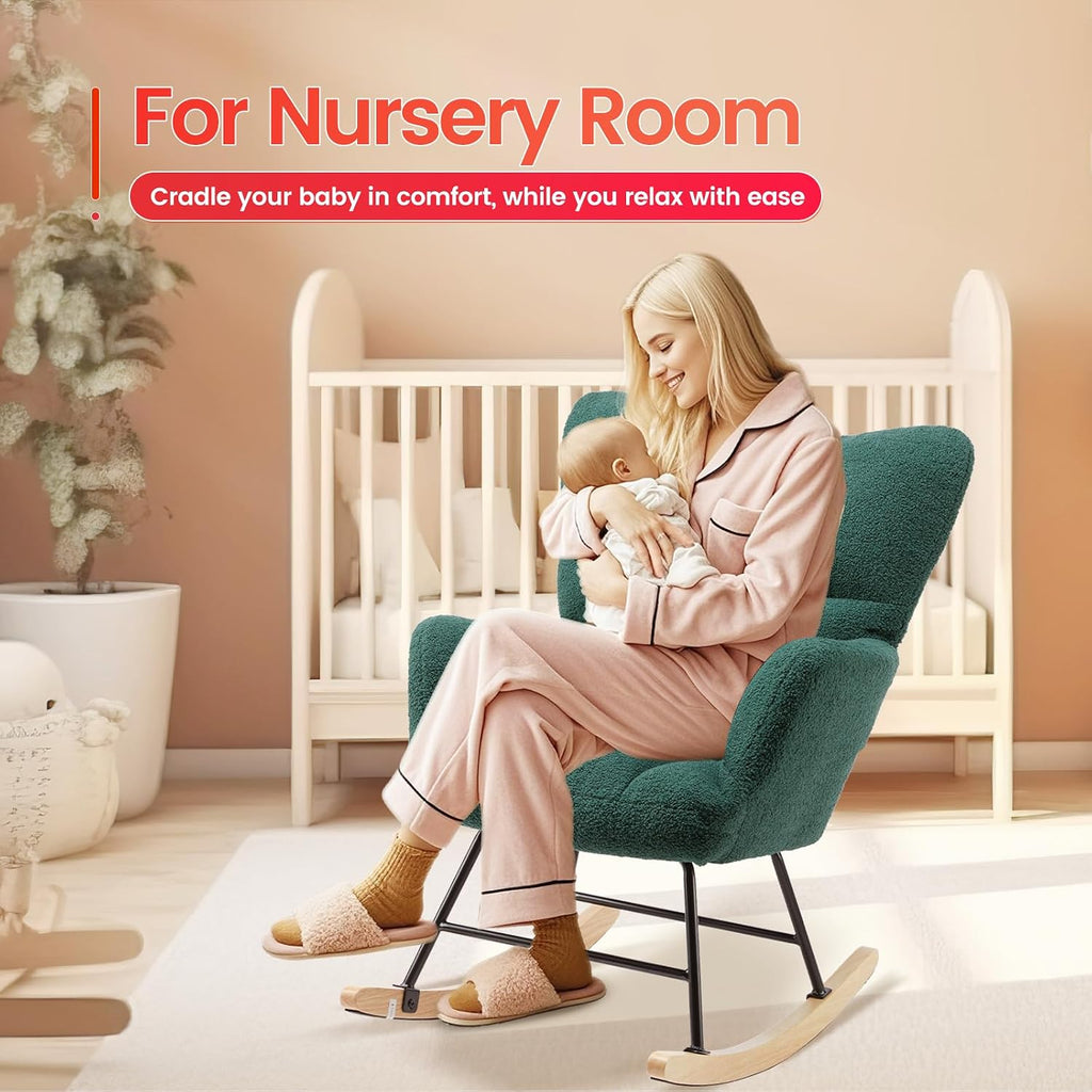 HealSmart Nursery Rocking Chair Teddy - Upholstered Comfy Glider Rocker with High Back Armchair, Cozy Reading Recliner Fluffy Comfortable Chair for Bedroom, Baby Room, Living Room and Study, Green