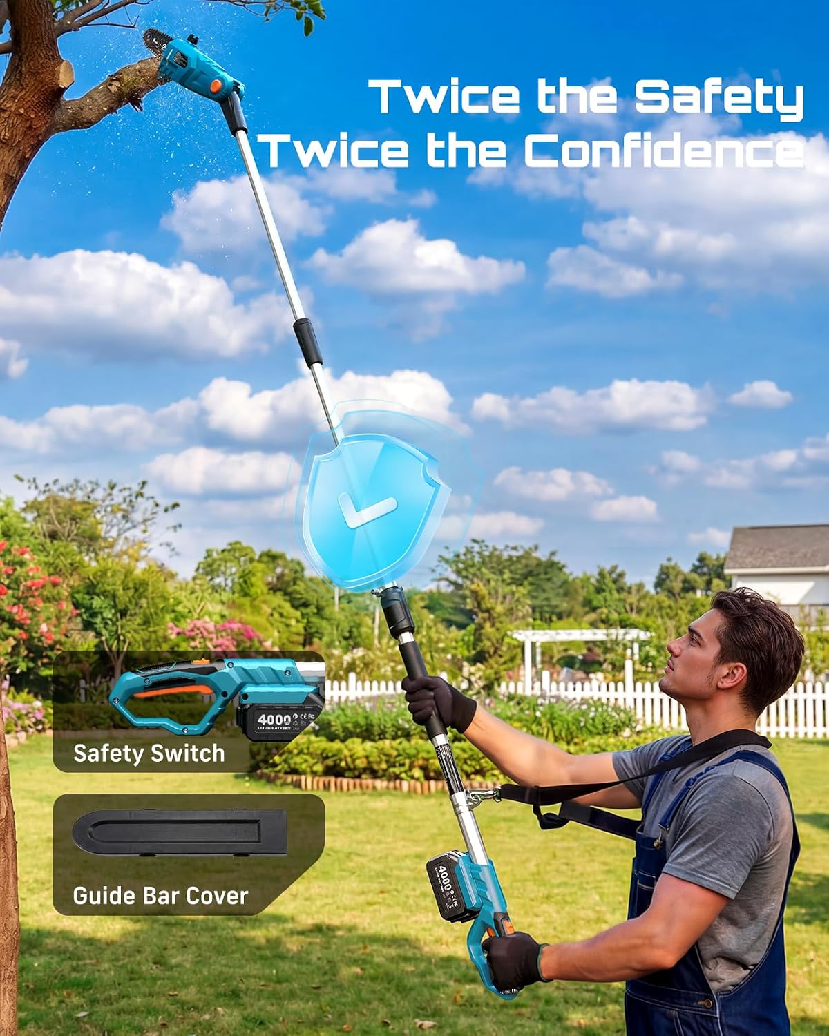 SEESII 8-Inch Electric Pole Saws: 21V Cordless Pole Saws for Tree Trimming, 15-Foot Max Reach, Auto Oiling, Tree Trimmer with 2x4000mAh Battery & Fast Charger, Tree Saw Ideal for Pruning Branches