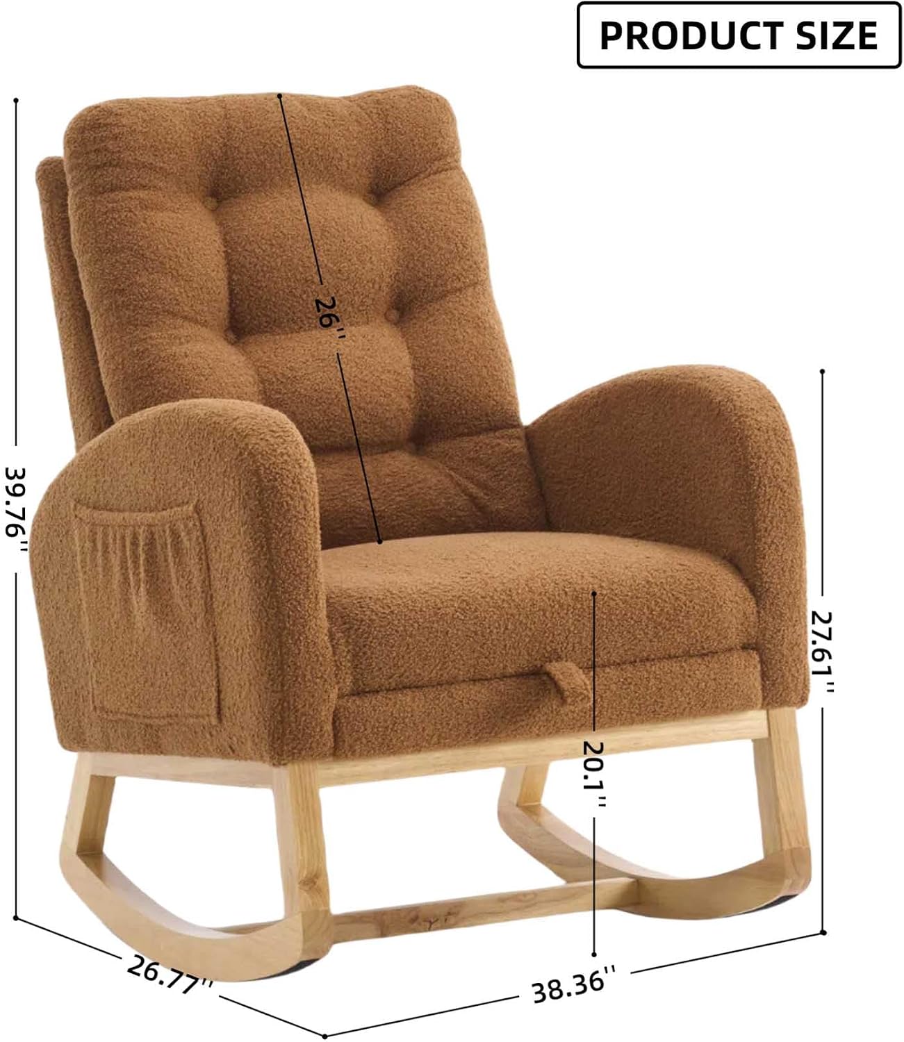 Nursery Rocking Chair with Foot Rest & Side Pocket, 300lbs Capacity, Rocking Chairs with High Backrest, Suitable for Living Room Bedroom, Comfort (Caramel)
