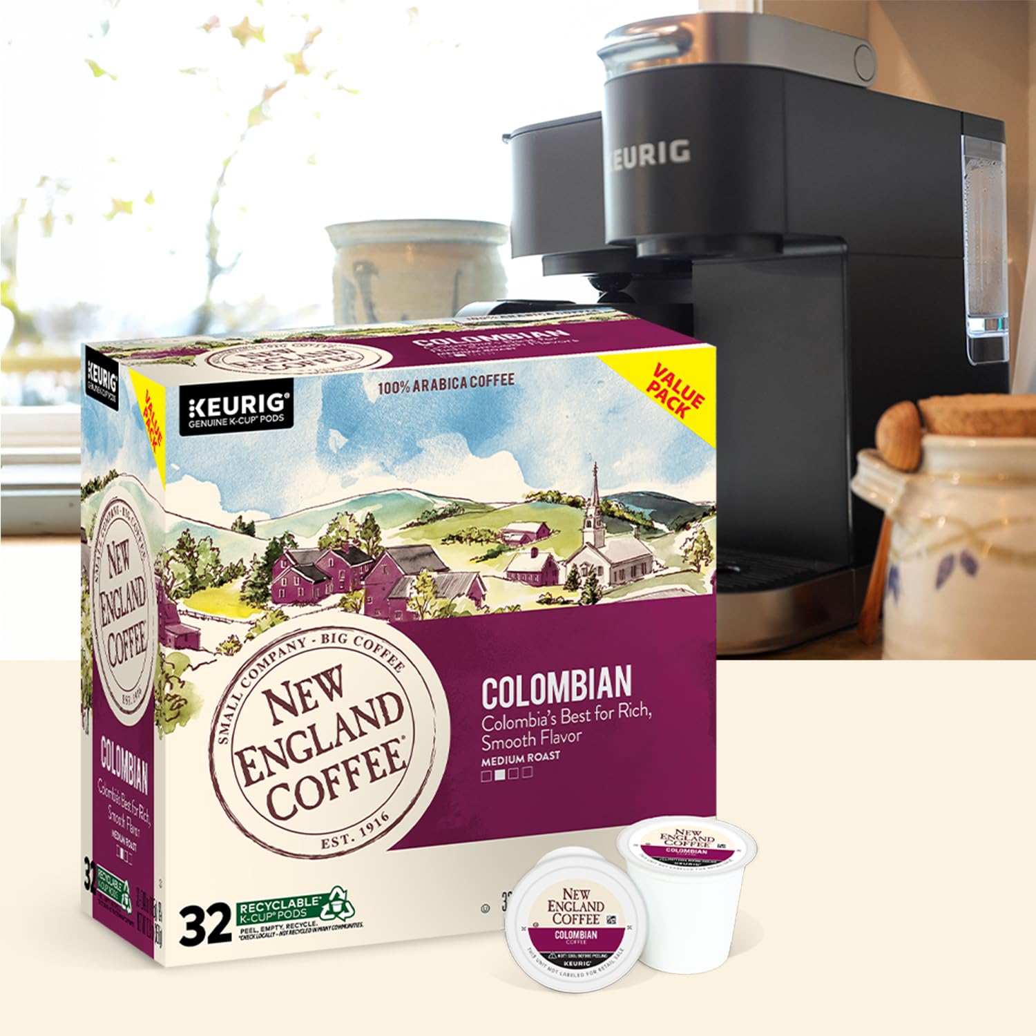 New England Coffee Colombian Supremo Medium Roast Single Serve Pods, 32ct Box (Pack of 4)