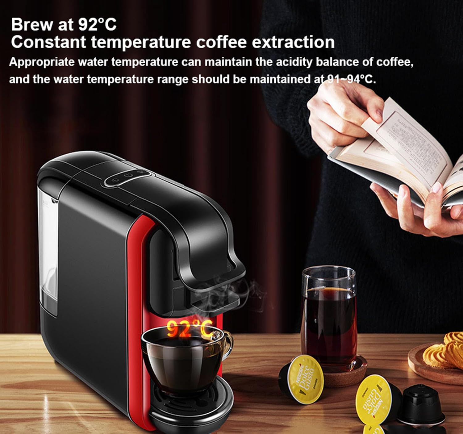 Capsule Coffee Machine, 5-in-1 Espresso Machine for Kcup*/NES*/DG*/Espresso Powder,19Bar Espresso Maker,1450W Fast Heat Coffee Machine