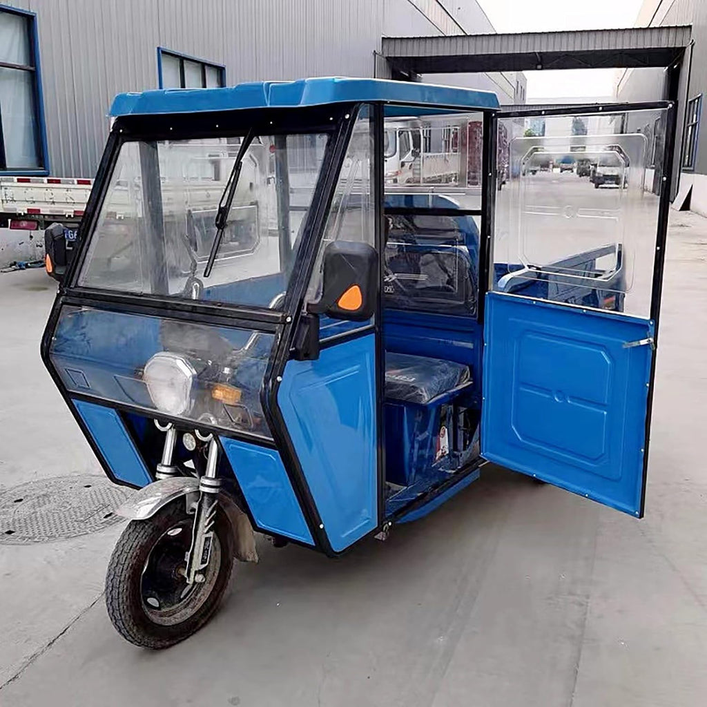 Electric Tricycle Cover, Three-Wheeler Cab Awning, Fully Enclosed Awning, Tricycle Frame Canopy with Tempered Glass, for Delivery Electric Trike(Blue B,100cm/39.4in)