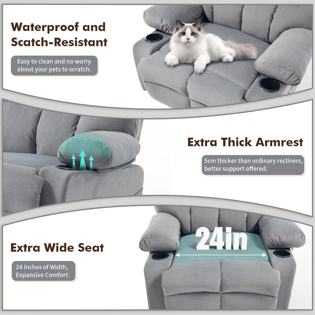 KCQ Swivel Rocker Recliner Chair with Massage and Heat, Fabric Heated Reclining Chairs Manual Recliner with Cup Holder for Adults, Nursery Rocking Glider Chair, Grey