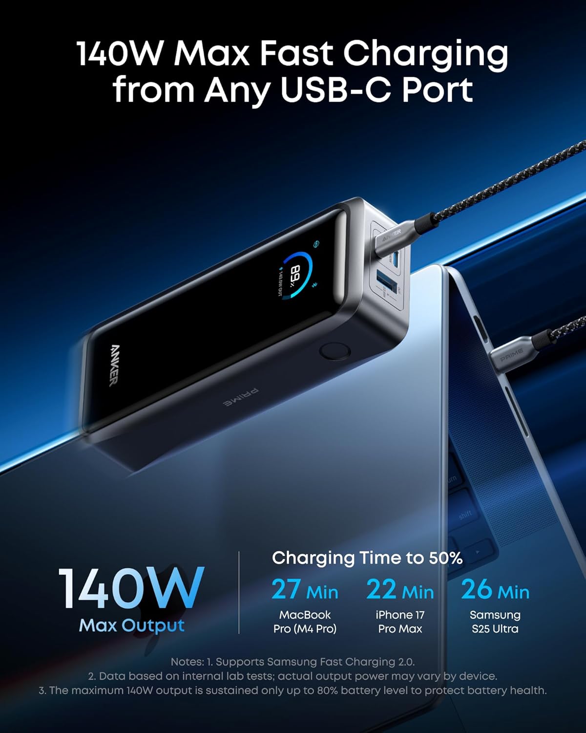 Anker Prime Power Bank, 26,250mAh 3-Port Portable Charger with 300W Max Output, Two-Way Charging, TSA-Approved, App Control, for MacBook, iPhone 17/16 Series, and More (Base Not Included)