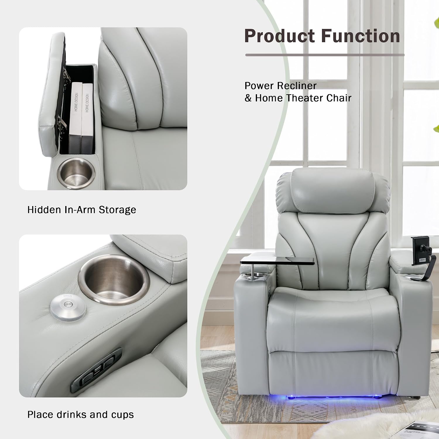 JIVOIT Power Motion Recliner Electric Power Recliner with Hidden Arm Storage, Cup Holder, Phone Holder, Tray Table, Faux Leather Rocker Chair for Small Spaces (Light Grey/78)