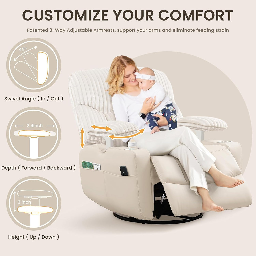 SUNWAVE Power Nursery Rocking Chair with Adjustable Armrests, Nursing Chair with USB, Cup Holders, Swivel Rocker Recliner with Corduroy and PU Leather Fabric