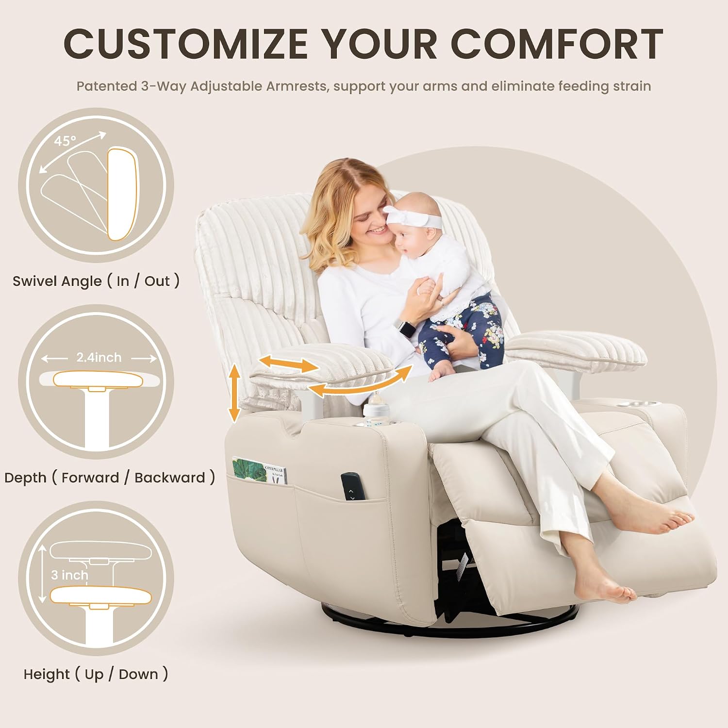 SUNWAVE Power Nursery Rocking Chair with Adjustable Armrests, Nursing Chair with USB, Cup Holders, Swivel Rocker Recliner with Corduroy and PU Leather Fabric