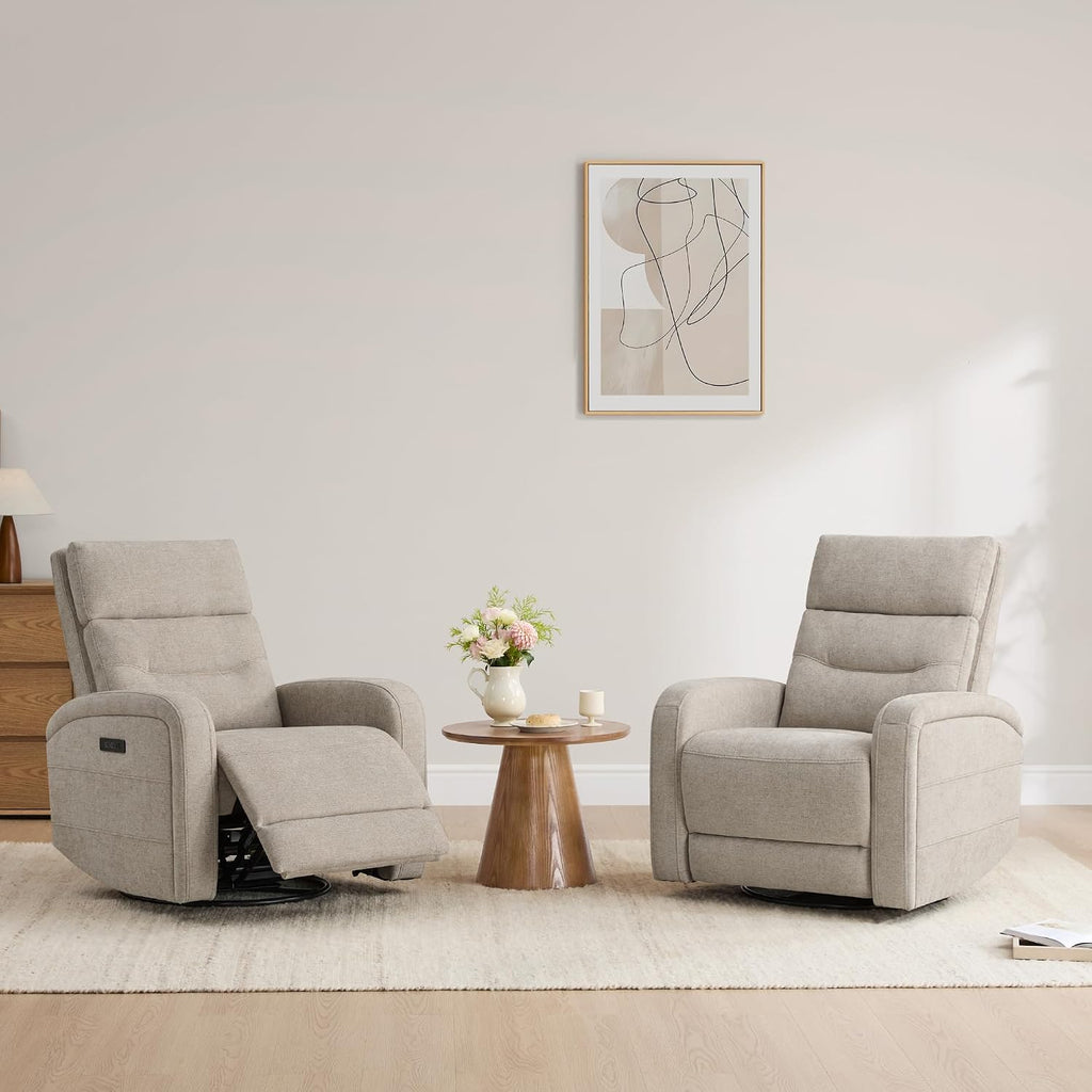 Watson & Whitely Swivel Power Recliner with Adjustable Headrest, Recliner Chairs for Adults, Small Glider Rocker for Living Room, Fabric in Khaki