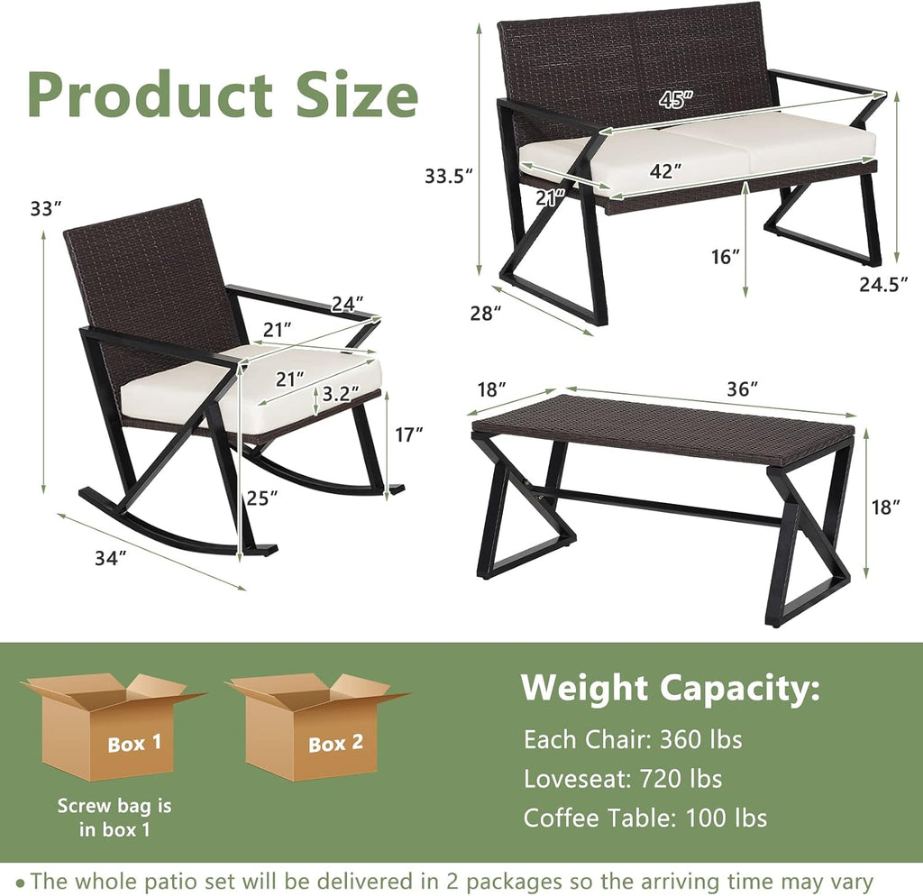 Tangkula 4 Piece Patio Rocking Furniture Set, Patiojoy Heavy Duty PE Wicker Loveseat with 2 Rocking Chairs & 1 Coffee Table, Outdoor Rattan Conversation Set for Porch, Poolside, Balcony