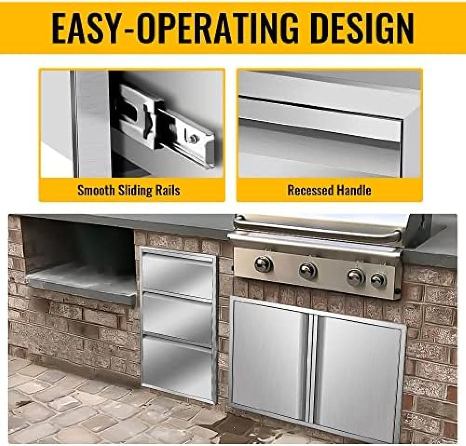 Outdoor Kitchen Drawer Stainless Steel BBQ Triple Drawer Flush Mount for Outdoor Kitchen Island,-17W X 30H X 21D Inch