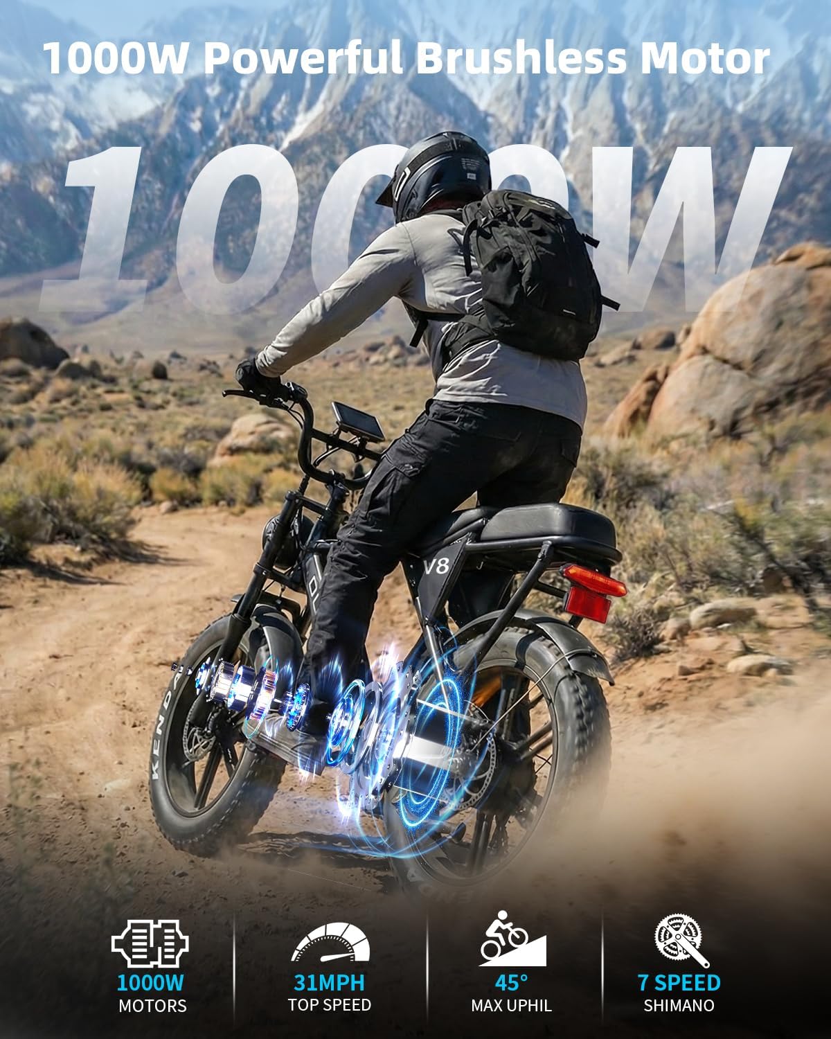 OUXI V8/V8MAX Electric Bike for Adults, E Dirt Bike Peak 1000W, 31 MPH, 15/30 AH Removable Battery, 20' Fat Tire Electric Bike, 7-Speed Gear Electric Bicycles, Ebike Moped for Commuting & Off-Road