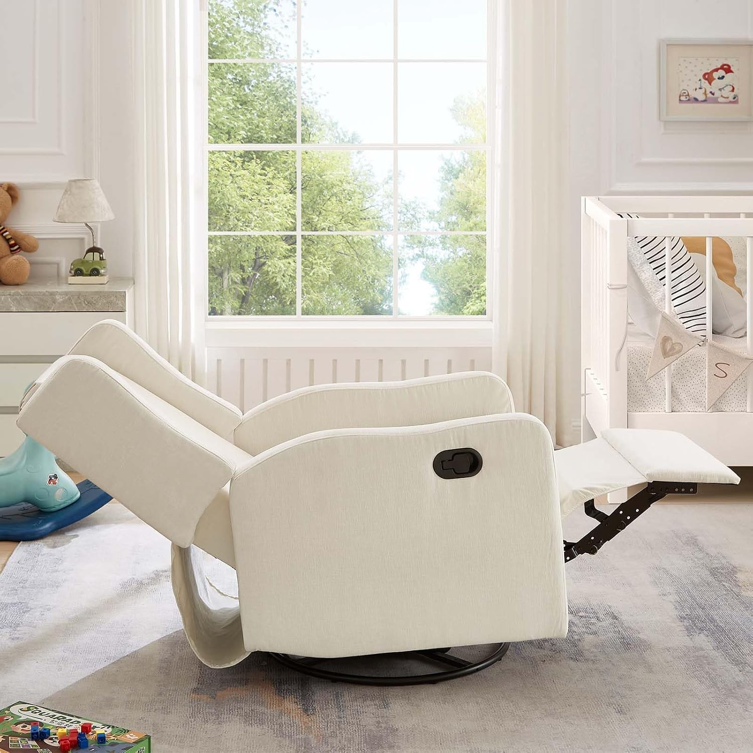 Nursery Glider Recliner Chair for Adults, Modern Swivel Rocker Recliners with Footrest, Comfy Chenille Rocking Chair Nursery for Living Room, Bedroom, Beige
