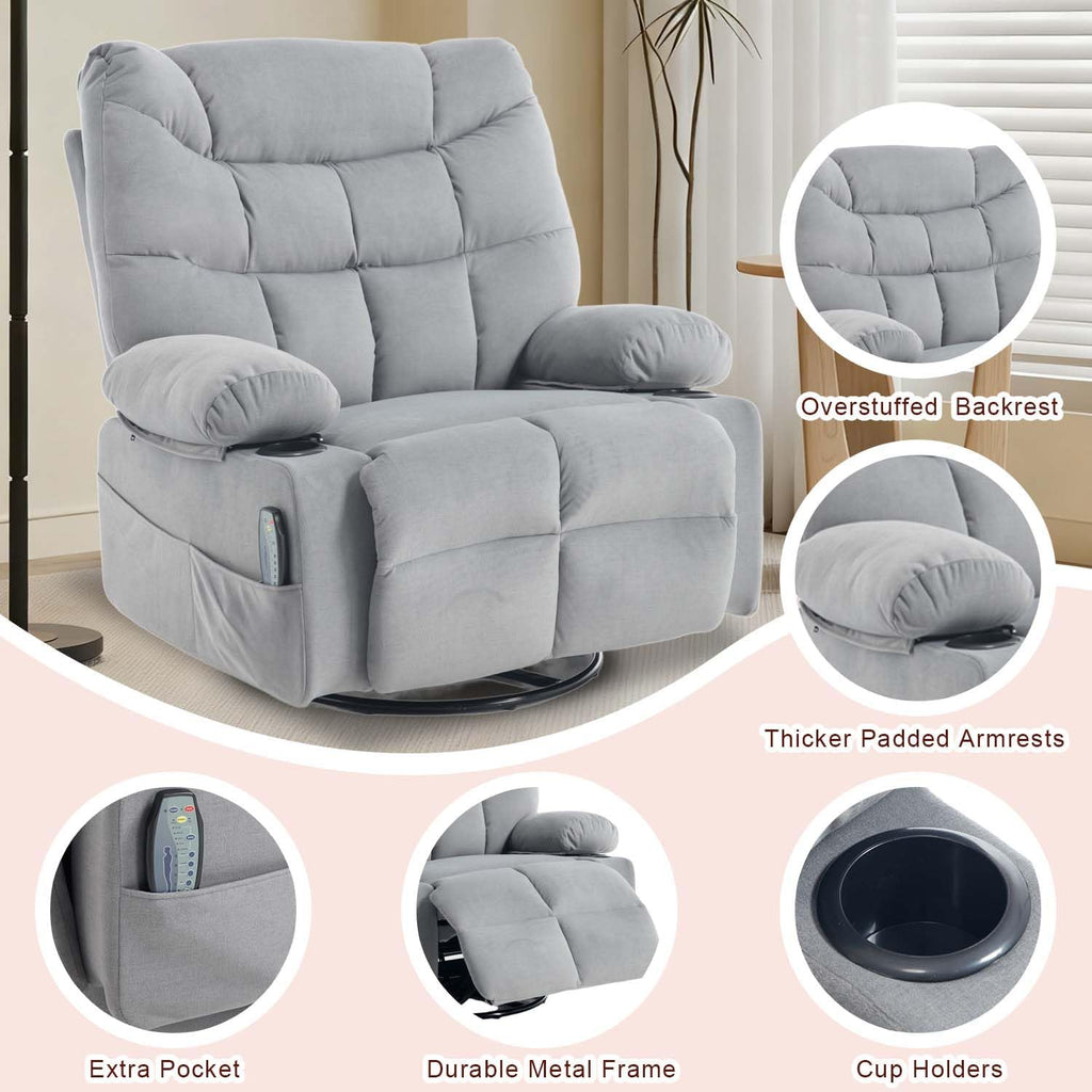 KCQ Swivel Rocker Recliner Chair with Massage and Heat, Fabric Heated Reclining Chairs Manual Recliner with Cup Holder for Adults, Nursery Rocking Glider Chair, Grey