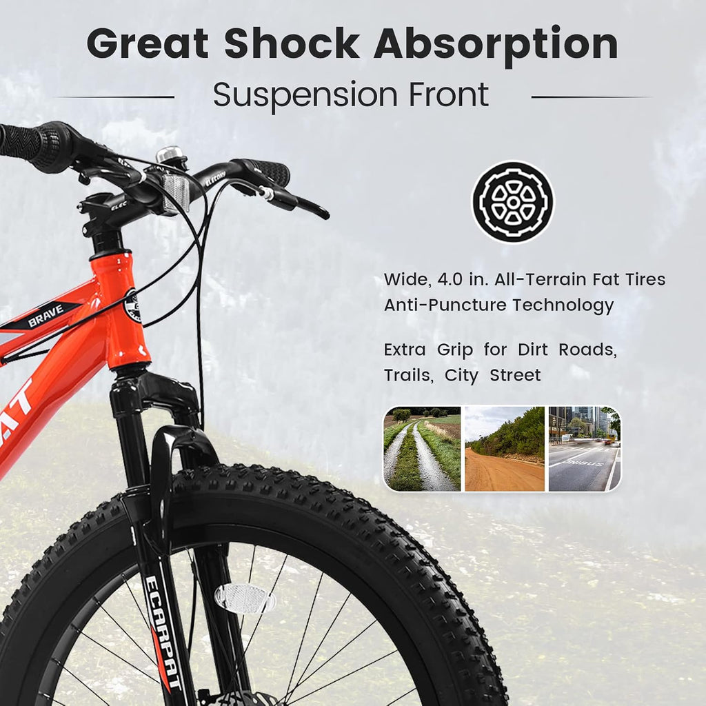 20/24/26 Inch Fat Tire Mountain Bike Variable Speed Dual Disc Brake Kids Adult Free Return