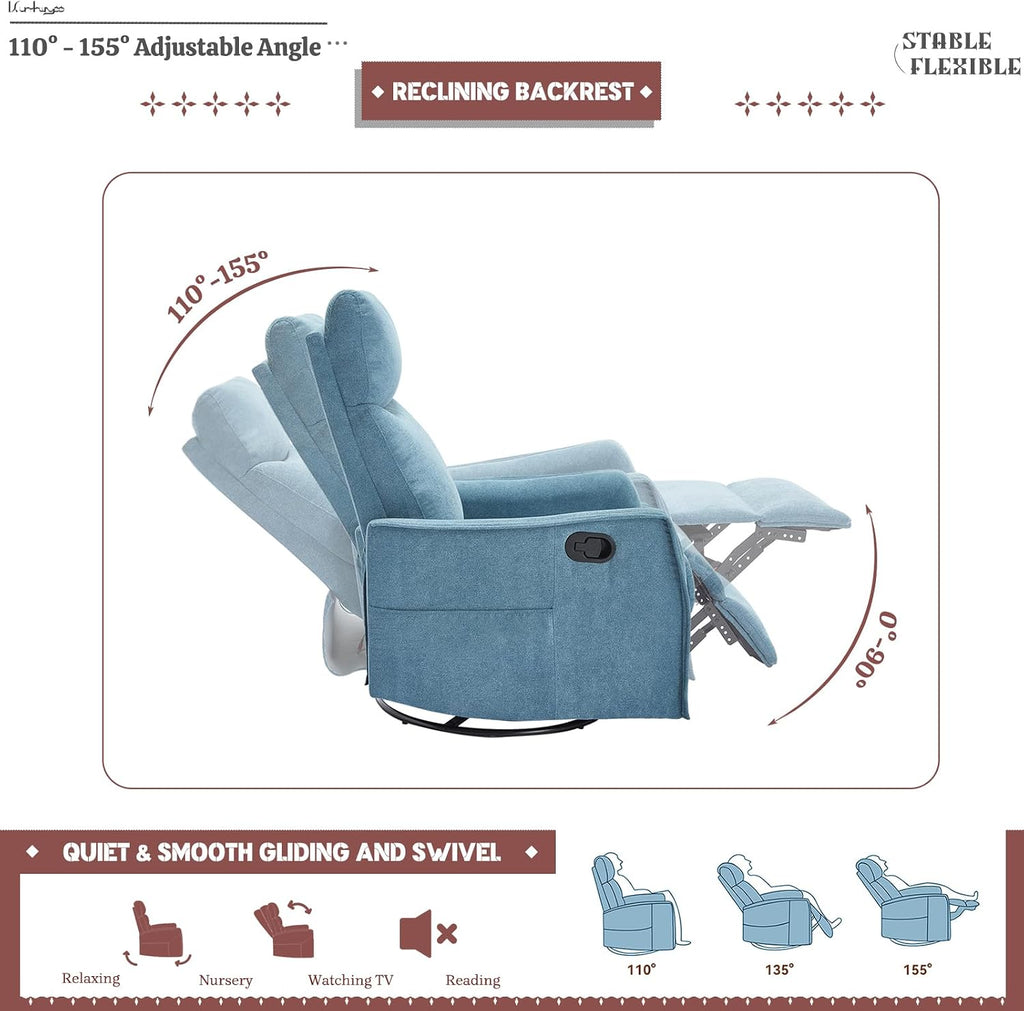 Rocking Recliner Chair with Heat and Massage, 360° Swivel Glider Rocker with Reclining Backrest and Footrest, Modern Nursery Rocking Chairs for Adults for Bedroom, Living Room, Office (Blue)