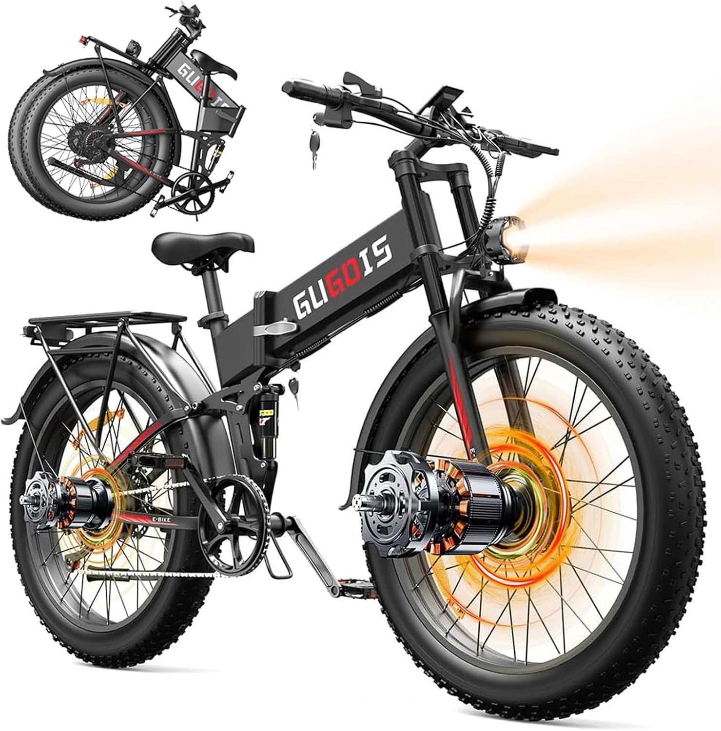 Rakowe Folding Electric Bike for Adults, 3000W Peak Dual Motor Ebike, 26' Fat Tire E-Bike, 48V Battery, Up to 35MPH & 60 Miles, All-Terrain, UL Certified, Suspension Electric Dirt Bike