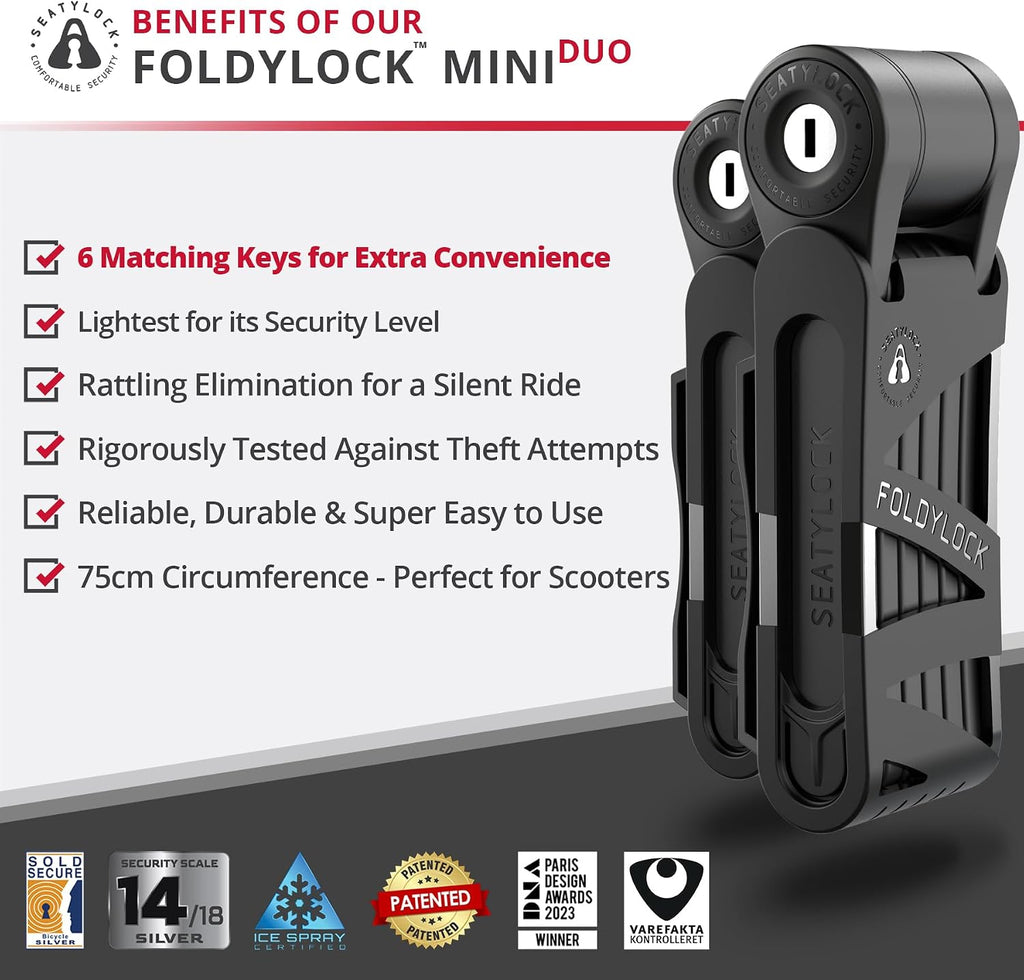 Seatylock FoldyLock Mini Folding Bike Lock - Patented Lightweight Bicycle Lock - Heavy Duty Anti Theft Guard with Key for Electric Scooter & City Bikes