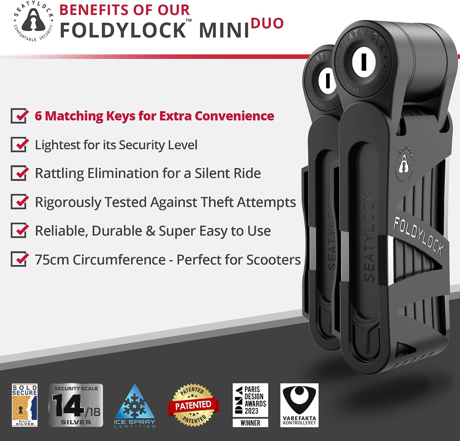 Seatylock FoldyLock Mini Folding Bike Lock - Patented Lightweight Bicycle Lock - Heavy Duty Anti Theft Guard with Key for Electric Scooter & City Bikes