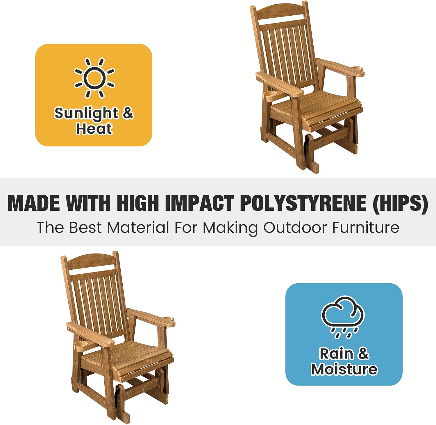 Poly Lumber Patio Glider for One Person, with Cup Holders, High Backrest and Deep Contoured Seat, HIPS Material, All-Weather Resistant, Heavy Duty 700 LBS (Light Brown)