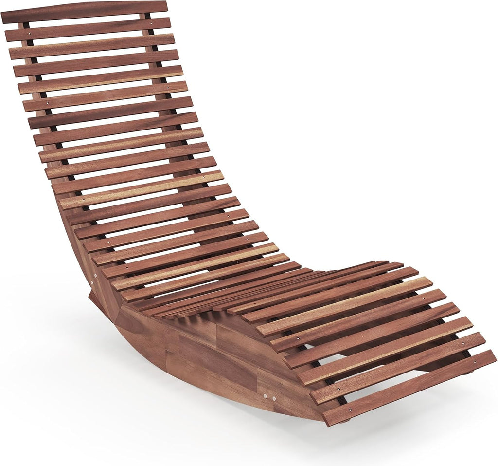 Giantex Outdoor Chaise Lounge Chair, Acacia Wood Patio Lounger with Slatted Design, Rocking Chair, Outdoor Rocker for Sunbathing, Poolside, Beach Lounge Chairs (1, Natural)