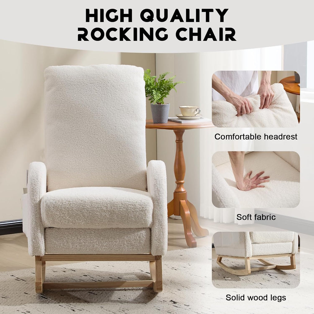 Rocking Chair Nursery with Foot Rest, Sherpa Nursing Rocking for Mom Nursery Rocker Chair with High Straight Backrest, Armchair Rocker Glider with Side Pocket for Living Room, Bedroom, Teddy White