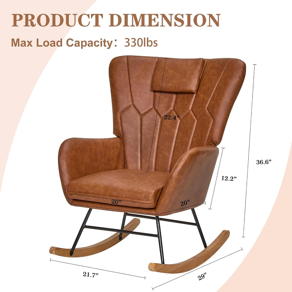 VECELO Rocking Chair Nursery with Thick Headrest, Modern Teddy Upholstered Reading Glider Rocker Accent Armchair with High Backrest, Padded Seat, Side Pocket, for LivingRoom, Bedroom, Baby Room, Brown