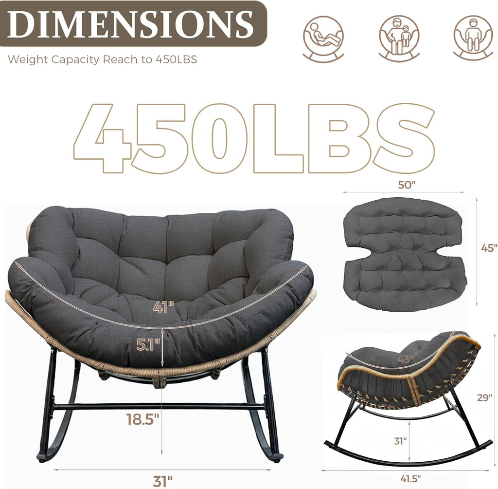 FINCATI Patio Papasan Rocking Chair with Ottoman Set of 2, Outdoor Indoor Egg Chair with Footrests and Cushion, 450 lbs Heavy Duty Comfy Rattan Rocker for Balcony Backyard Bedroom Lawn Grey