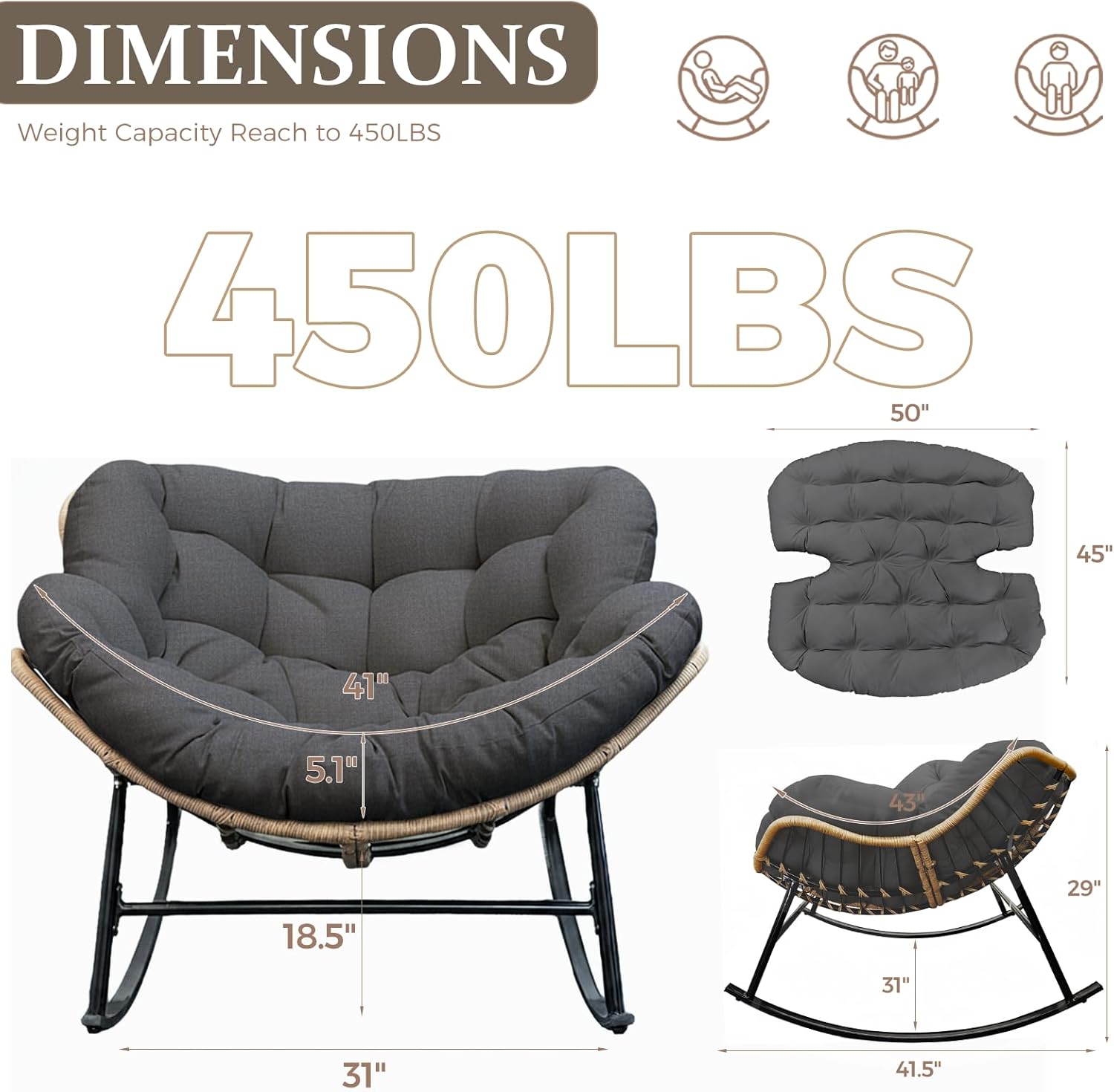 FINCATI Patio Papasan Rocking Chair with Ottoman Set of 2, Outdoor Indoor Egg Chair with Footrests and Cushion, 450 lbs Heavy Duty Comfy Rattan Rocker for Balcony Backyard Bedroom Lawn Grey