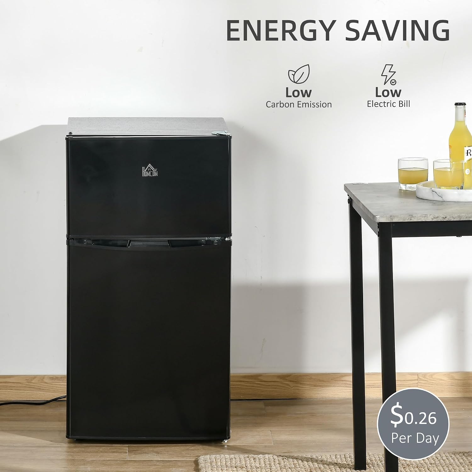 HOMCOM 3.2 Cu.Ft Mini Fridge with Freezer, Compact Refrigerator with Adjustable Thermostat, Shelf and Double Reversible Door for Bedroom, Dorm, Home Office, Energy Efficient, Black