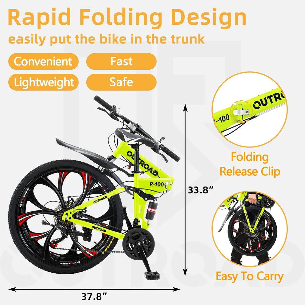26 Inch Adult Folding Bikes/Mountain Bikes, 21 Speeds Mountain Bicycles with Full Suspension, Dual Disc Brake, High Carbon Steel Frame, Foldable Bike for Men/Women/Teen, Multiple Colors