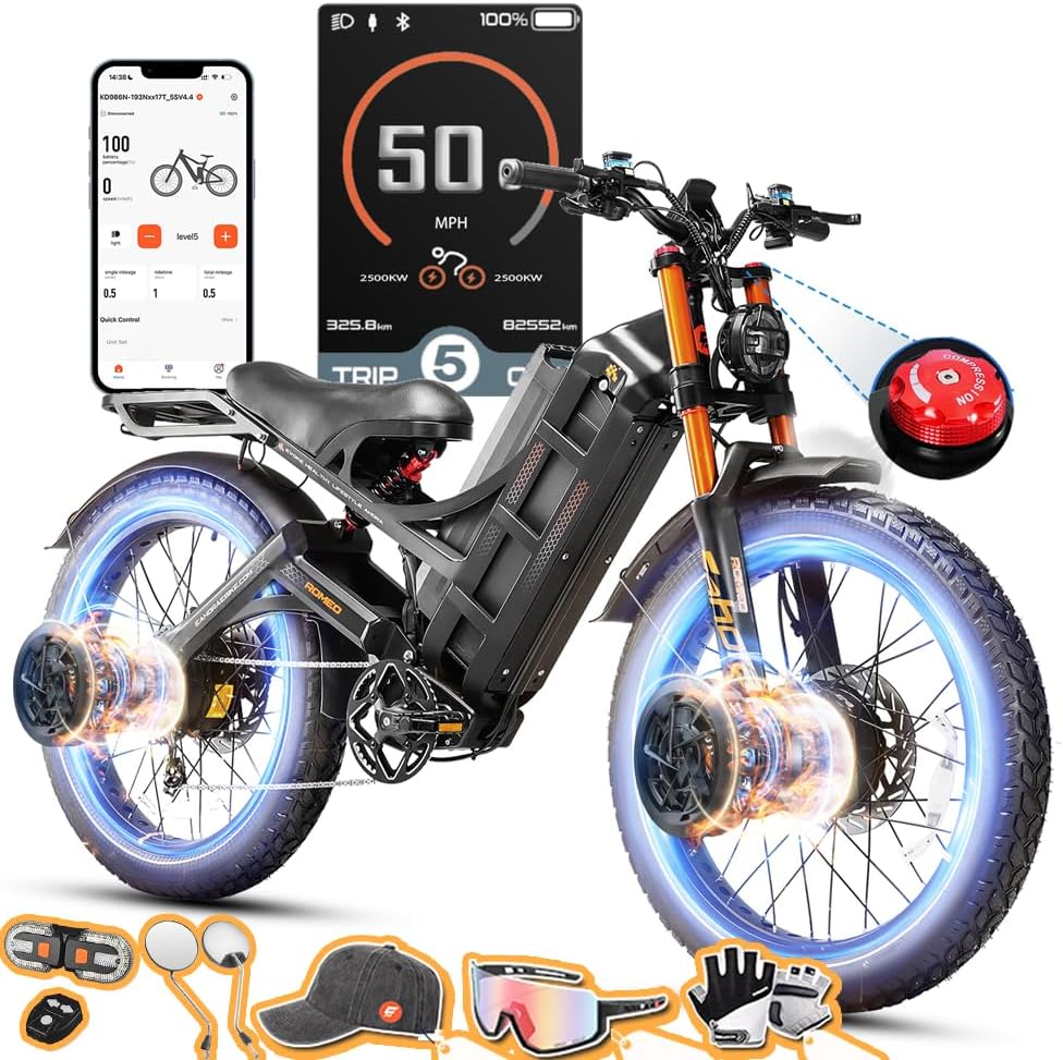 eAhora Romeo Pro 3 Electric Bike for Adults, 5600W 50MPH Dual Motor Ebike, 60V 80AH 250Miles Long Range Electric Bike, 26' *4.0 Fat Tire Electric Mountain Bike Full Suspension Off-Road E-Bike