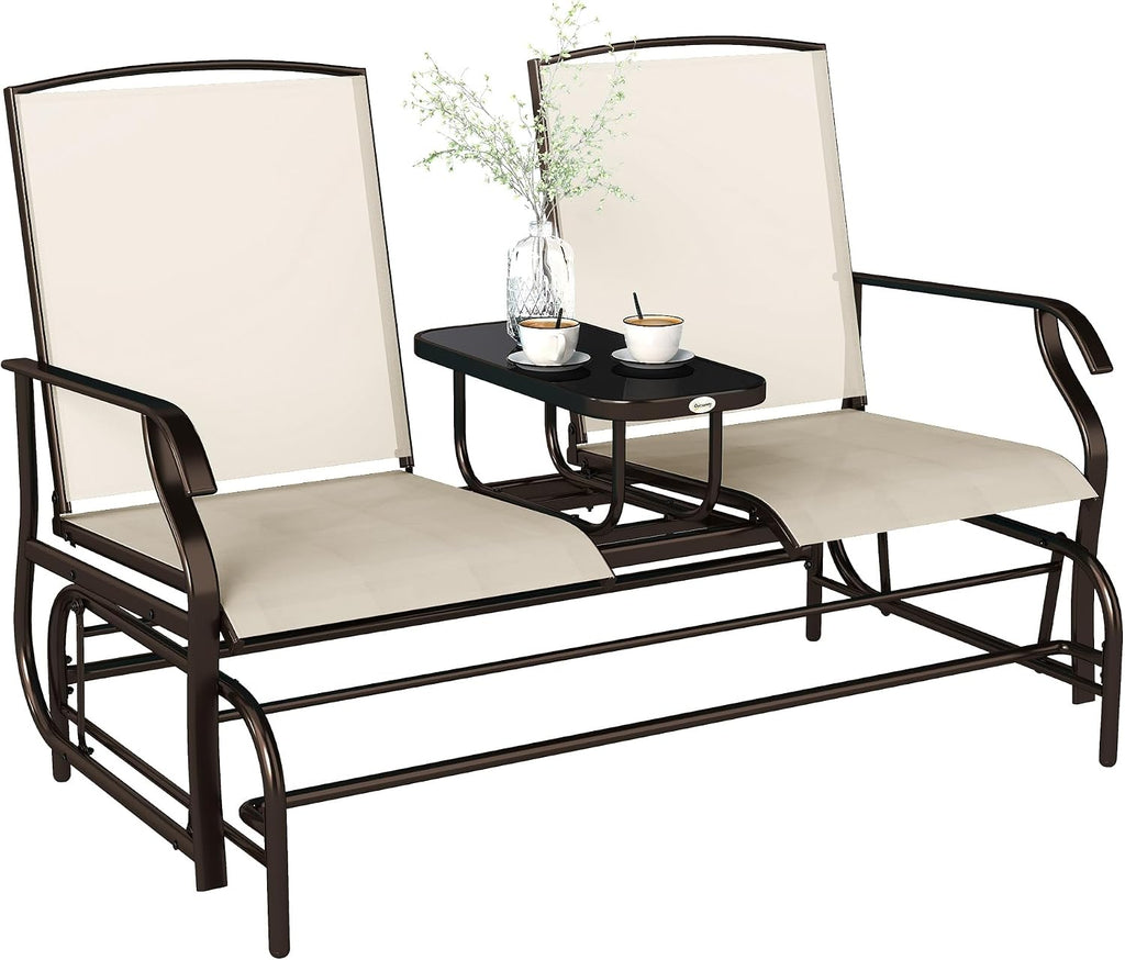 Outsunny Outdoor Glider Bench with Center Table, Metal Frame Patio Loveseat with Breathable Mesh Fabric and Armrests for Backyard Garden Porch, Beige