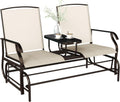 Outsunny Outdoor Glider Bench with Center Table, Metal Frame Patio Loveseat with Breathable Mesh Fabric and Armrests for Backyard Garden Porch, Beige