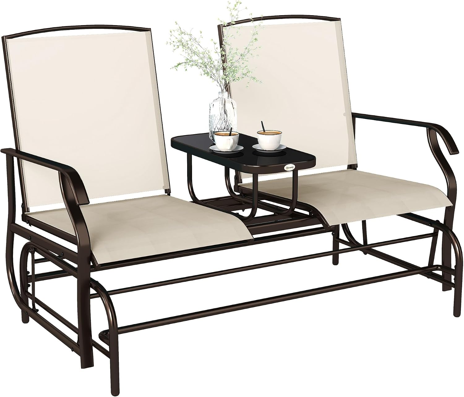 Outsunny Outdoor Glider Bench with Center Table, Metal Frame Patio Loveseat with Breathable Mesh Fabric and Armrests for Backyard Garden Porch, Beige