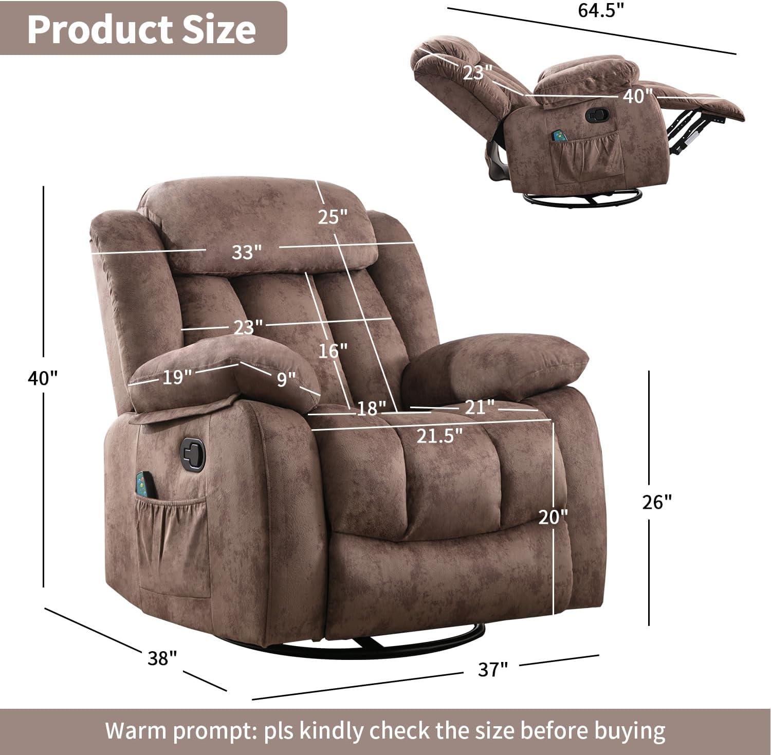 INZOY Rocker Recliner with Heat and Vibration, Manual Swivel Rocking Chair with Vibrating Massage, Comfy Padded Overstuffed Soft Fabric Heated Recliner (Brown)