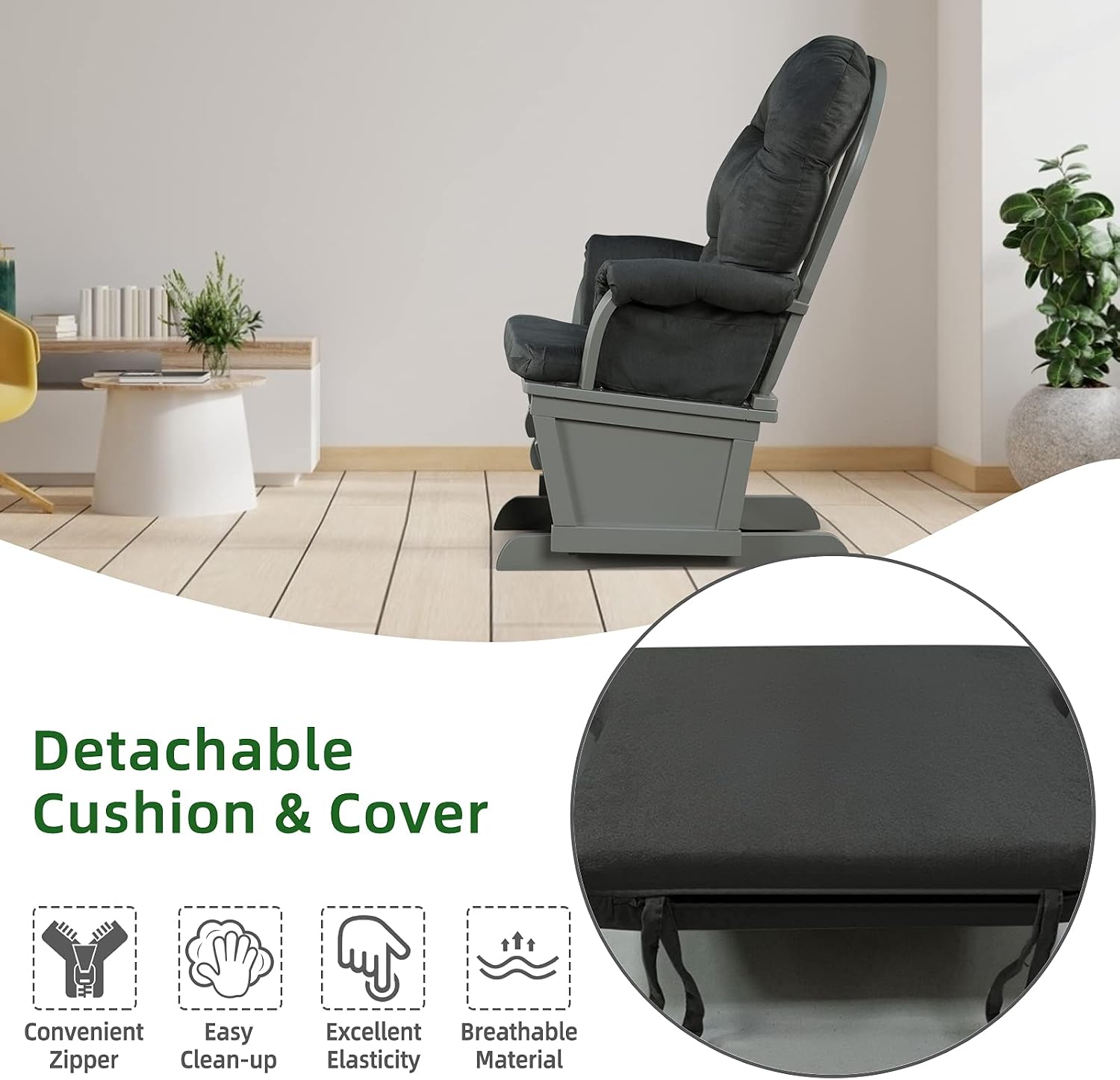 Costzon Baby Glider and Ottoman Cushion Set, Wood Baby Rocker Nursery Furniture for Napping, Nursing, Reading, Upholstered Comfort Nursery Chair w/Padded Armrests & Detachable Cushion (Dark Grey)