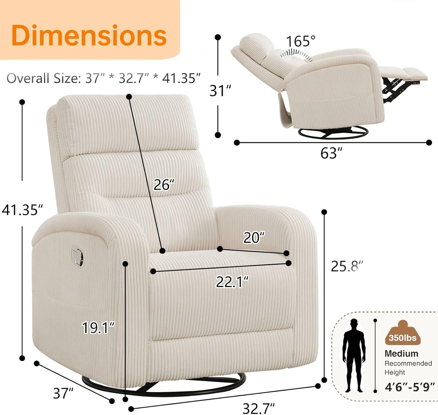 Swivel Rocker Recliner Glider Rocking Chair for Nursery, Corduroy Recliner with Chunky Cushion, Manual Swivel Recliner Chair for Living Room, Bedroom, Nursery(White)