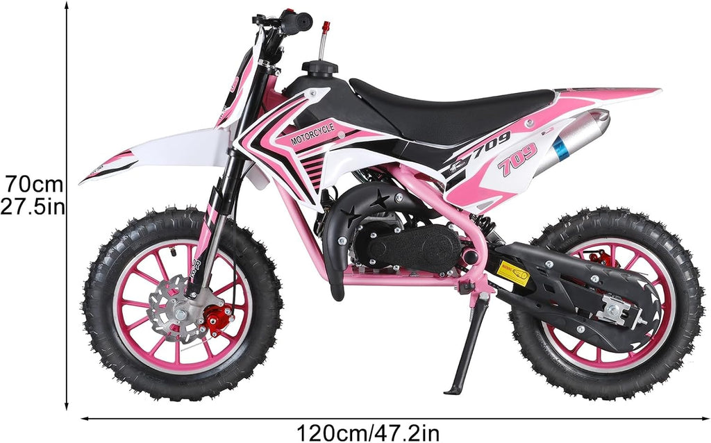 50cc Kids Dirt Bike 2-Stroke, Gas Power Motorcycle Off Road Motocross Gas Dirt Bike with Front Rear Disc Brakes for Beginner Motocross Bikes for Kids 8-12 (Max 30KM/H 150KG Load) Pink