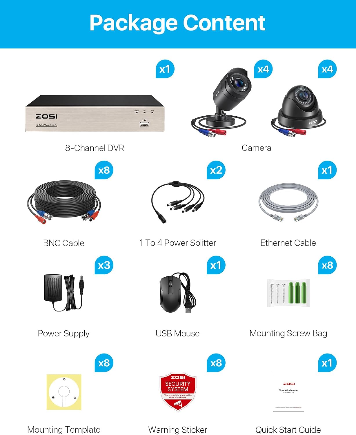 ZOSI 8CH 3K Lite Security Camera System with AI Human Vehicle Detection, 8 x 1920TVL Weatherproof Home Outdoor Cameras, 80ft Night Vision, Remote Access, H.265+ 8 Channel Video DVR, NO Hard Drive