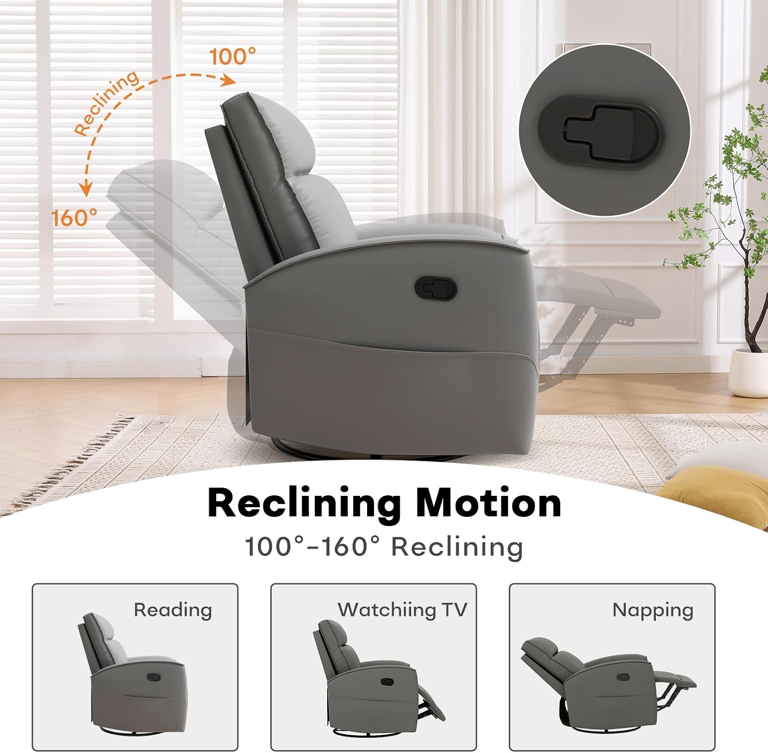HAOMARKETS Swivel Rocker Recliner Chair, Manual Faux Leather Glider Rocking Recliners for Adults, 360° Swivel Nursery Reclining Sofa with Storage Pocket