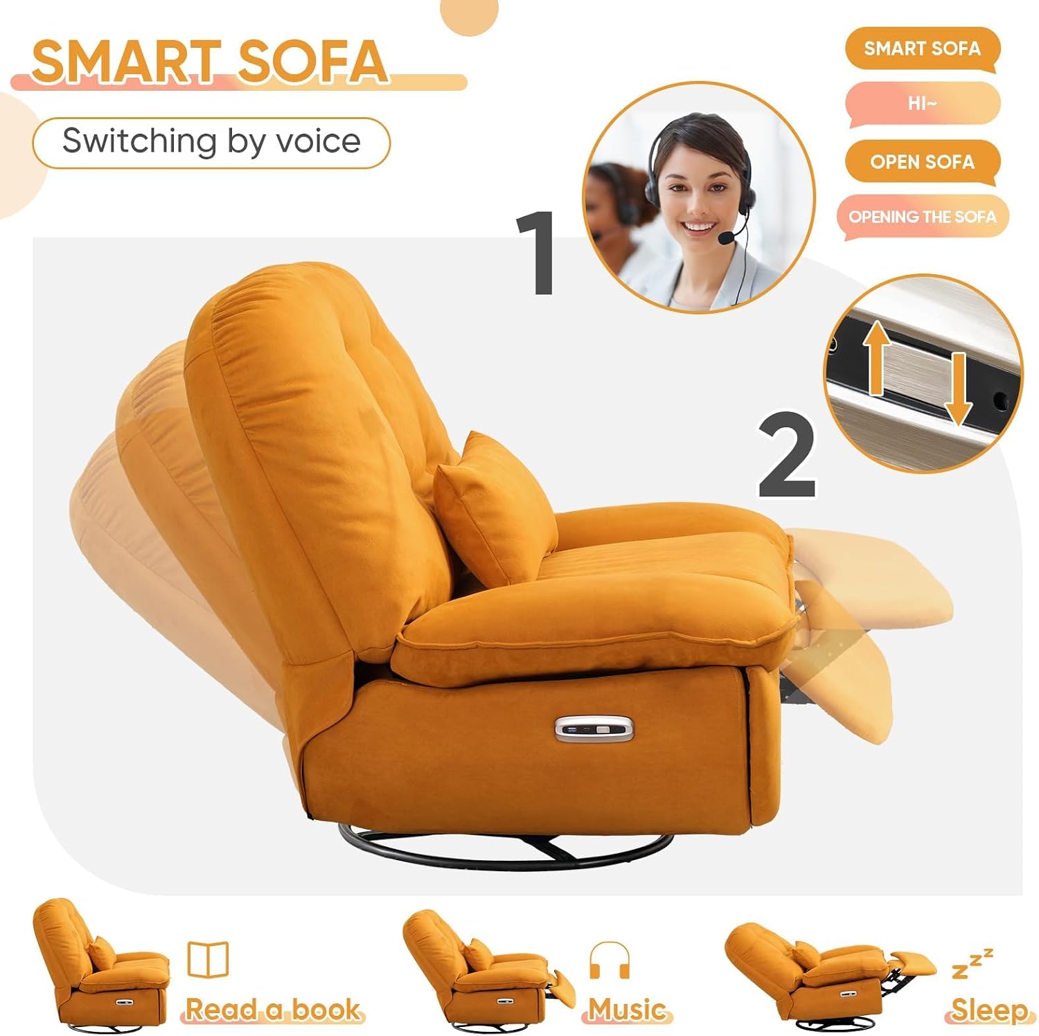 Smart Oversized Electric Recliner Chair, 360° Round Swivel Rocking Glider Rocker Chairs for Adults Modern Comfy Ergonomic Chaise Lounge Indoor, Theater Seating Living Room Reading, Soft Orange Fabric