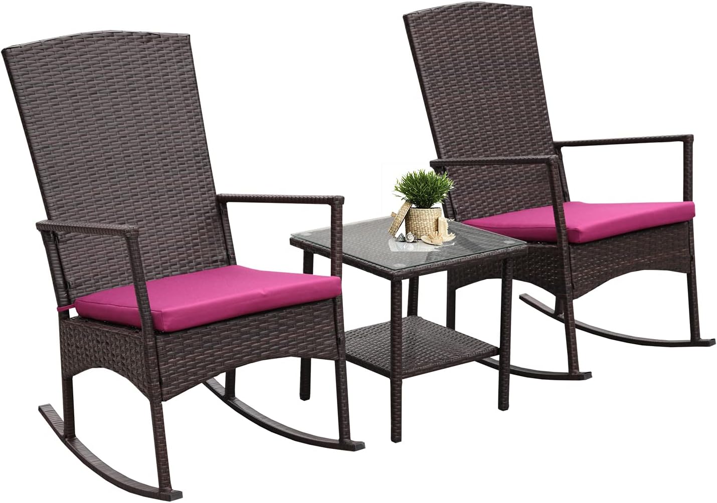 Outdoor HDPE Wicker Rocking Chair 3-Piece Patio Rattan Bistro Set 2 Rocker Armchair and Glass Coffee Side Table Furniture Washable Lacing Cushions, Khaki