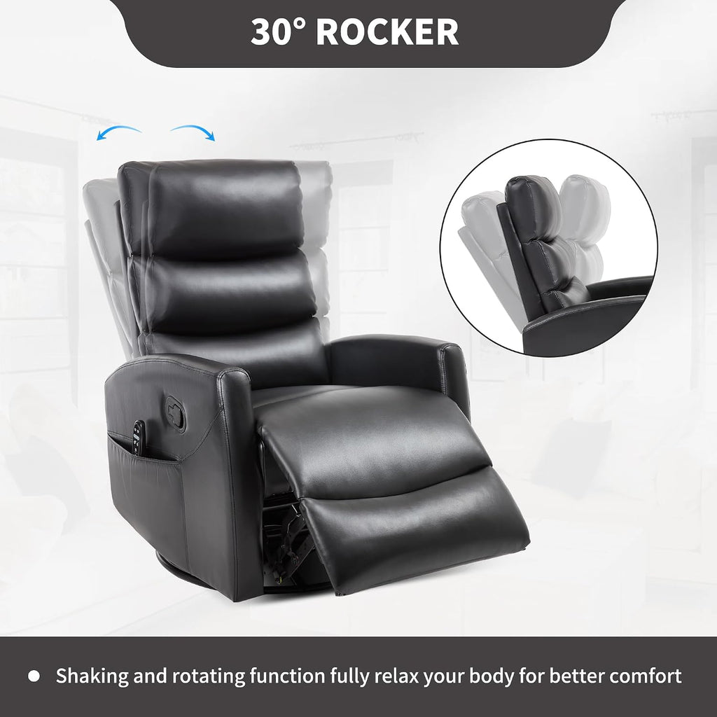 PELUMY 360° Swivel Rocker Recliner with Heat & Vibration Massage, Glider Rocking Chair for Adults, Compact Recliner for Living Room, Small Spaces, Nursery, Bedroom (Breathable Leather, Black)