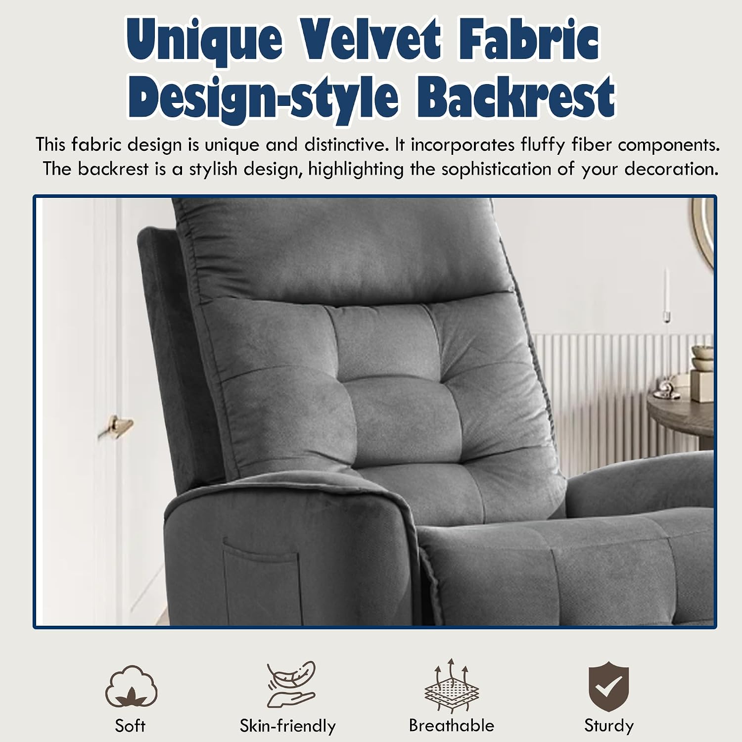 Manual Rocker Recliner Chair Nursery Glider Chair for Adult with High Back&Deep Seat Swivel Rocking Recliner Chair for Living Room Bedroom RV Nursing Grey