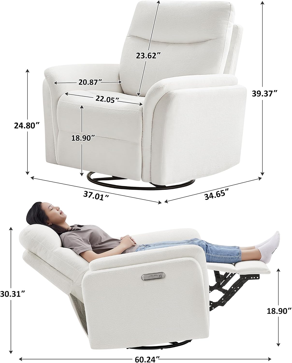 VANOMi Power Recliner Chair Swivel Glider, Electric Rocking Recliner Chairs with USB and Type-C Ports, Nursery Chair Recliner for Living Room, Bedroom, Apartment（White）