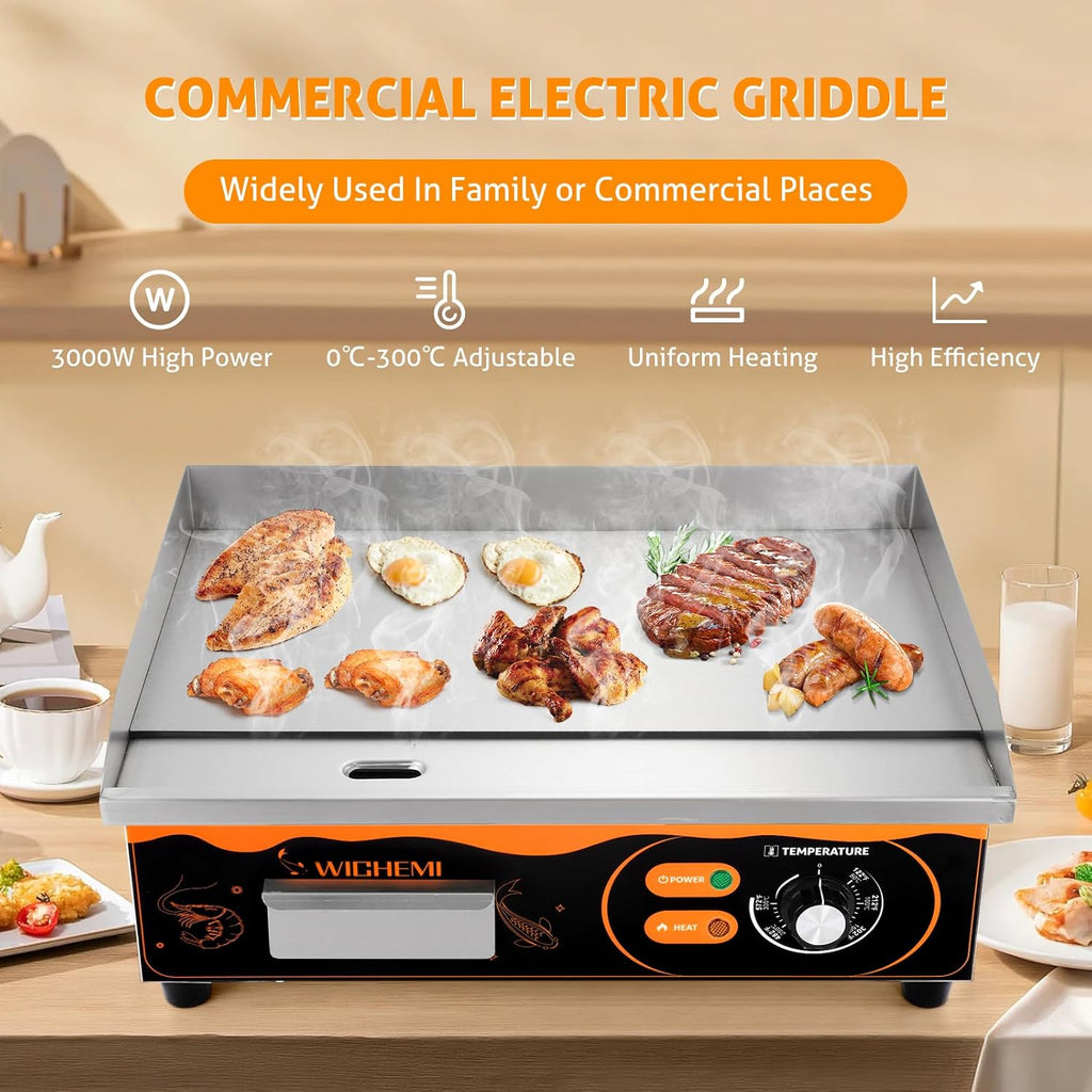 WICHEMI 22' Electric Grill Commercial Countertop Griddle Flat Top Grill Hot Plate Non-Stick Stainless Steel Teppanyaki Grill for Restaurant Kitchen, 110V 3000W