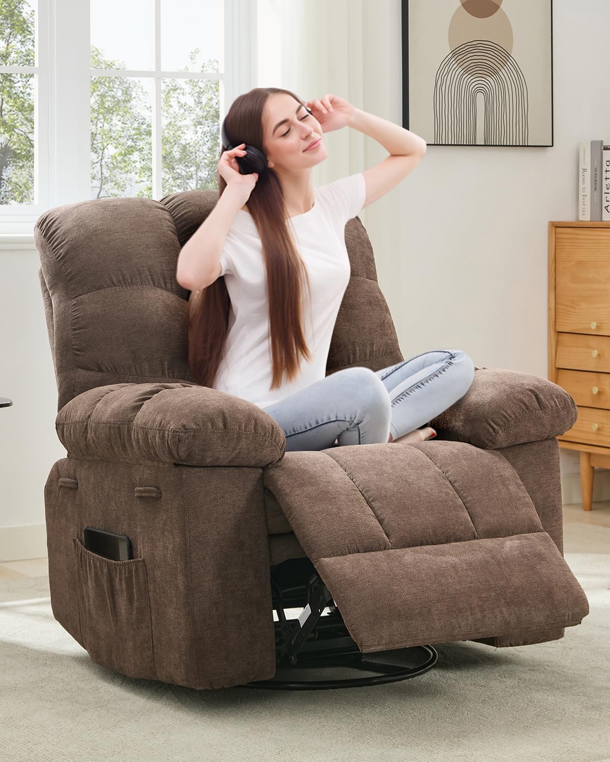 Rocking Recliner Chair,360° Swivel,30° Rocking,135° Tilt,Chenille Upholstery,Q235 Steel Frame Glider Nursery Chair for Small Spaces