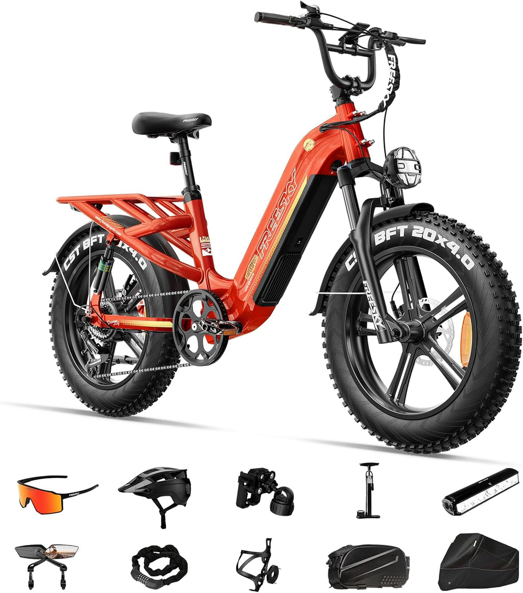 FREESKY 2026 Upgraded Rocky Pro Torque Sensor Electric Bike for Adults, 48V 25Ah Samsung Cells Battery, 105 Miles Range, 33MPH Fat Tire Step-Thru E Bike, 20' Full Suspension Cargo Bicycles, 8-Speeds