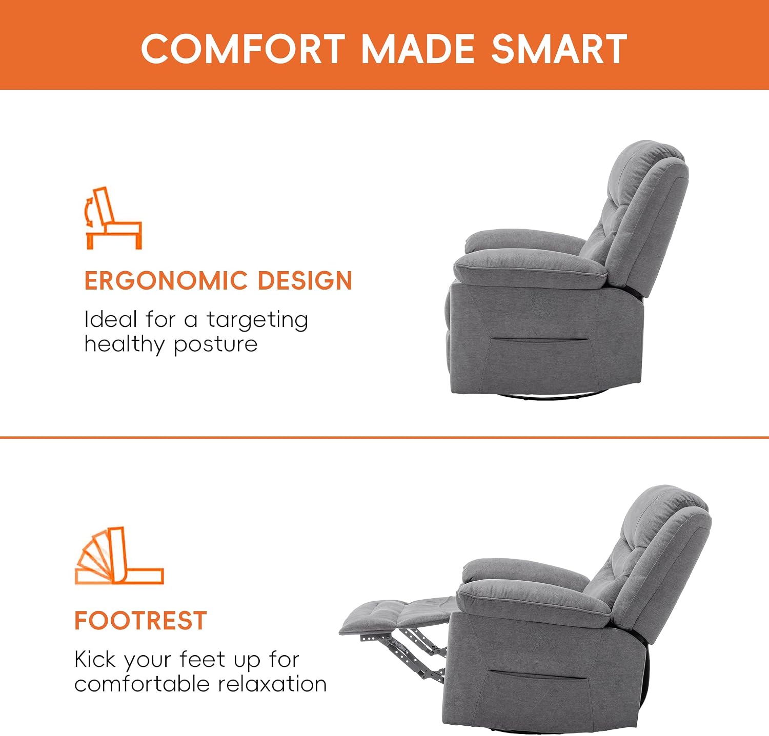 Ketaiyou Power Swivel Rocker Recliner with Massage and Heat, USB Port, Infinite Position, Oversized Electric Glider Rocking Chairs Living Room, Soft Fabric Reclining Sofa Chair(Misty Gray)