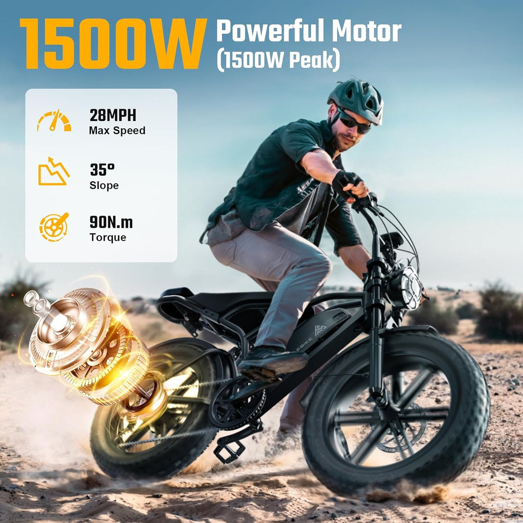 TST Electric Bike for Adults, 1500W Peak Motor 60/100 Miles Fat Tire Ebike with 48V 15Ah/25Ah Removable Battery 20' Electric Dirt Bike Full Suspension and 7-Speed